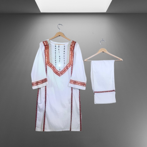 White Stitched Lawn Suit with Lace-Embellished Neckline and Decorative Borders