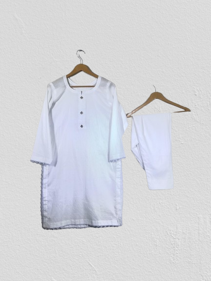 White Stitched 2-Piece Lawn Suit with Lace Detailing on Sleeves and Hem